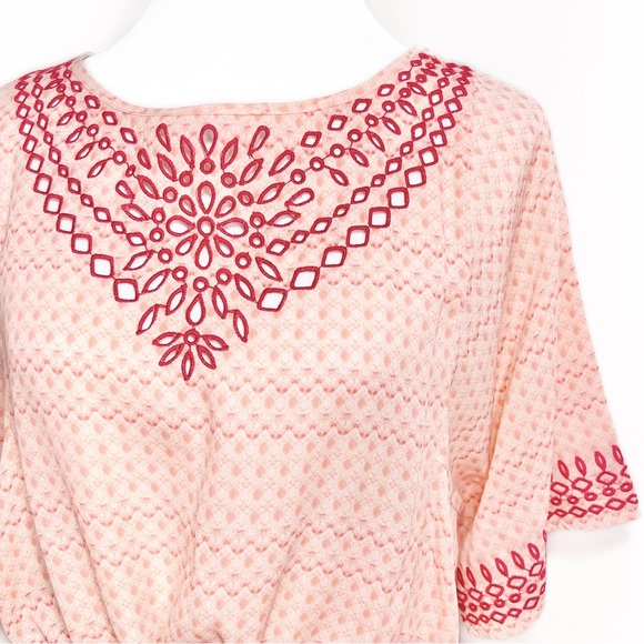 Anthropologie Embroidered Coral Peach Pastel Tie Waist Short Sleeve Kimono Top - Picture 4 of 11